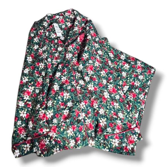 Winter Floral Flannel Pajama Set Charter Club Green Red White XL Cozy Warm New - Picture 7 of 11
